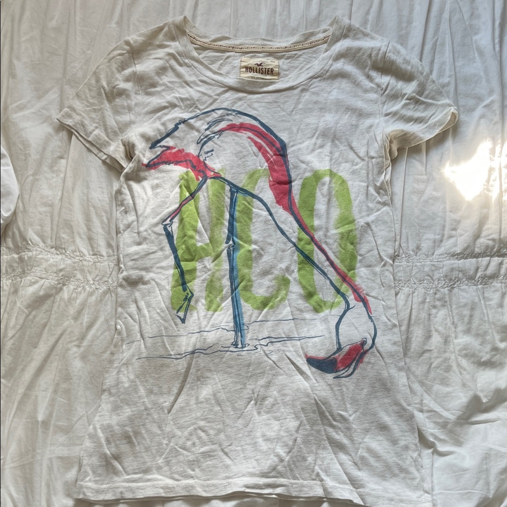 Hollister Cream Tee with Red and Green Graphic
